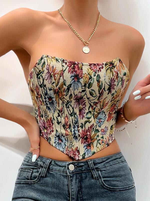 Women's Floral Print Tie Back Lace Up Hanky Hem Crop Tube Top, Summer Clothes Women, Asymmetrical Hem Sleeveless Top for Daily Outdoor Vintage Aesthetic Outfit