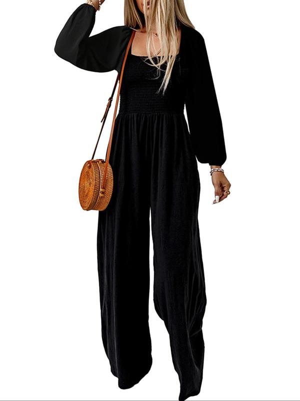 Women's Solid Shirred Bishop Sleeve Square Neck Jumpsuit, Casual Pocket Wide Leg Jumpsuit for Fall, Women's Jumpsuit for Daily Wear