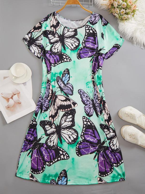  Butterfly Print Round Neck Nightdress, Casual Soft Comfortable Short Sleeve Nightgown for Women, Women's Sleepwear for All Seasons