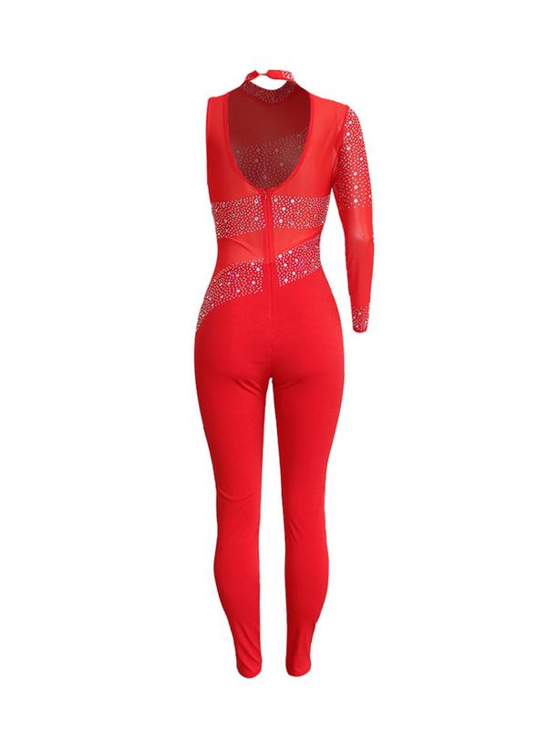 Women's Rhinestone Decor Cut Out Mock Neck Semi-sheer Skinny Jumpsuit, Asymmetrical Long Sleeve Jumpsuit for Party Club Dating, Ladies Summer Clothes