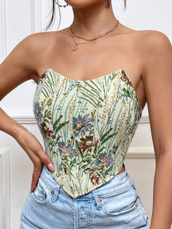 Women's Floral Print Tie Back Lace Up Hanky Hem Crop Tube Top, Summer Clothes Women, Asymmetrical Hem Sleeveless Top for Daily Outdoor Vintage Aesthetic Outfit