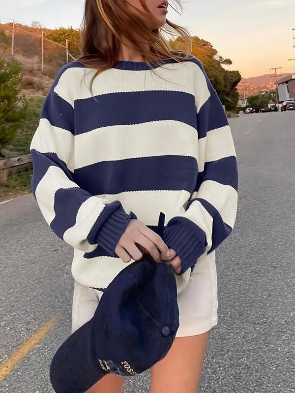 Women's Striped Print Drop Shoulder Sweater, Casual Fall Long Sleeve Round Neck Jumper, Fashion Women's Knitwear for Daily Wear, Utah Girl Fits, Utah Girl Fits, Preppy 80s Clothes