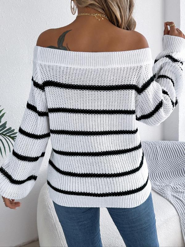 Women's Striped Print Off Shoulder Bishop Sleeve Sweater, Casual Long Sleeve Jumper for Fall & Winter, Fashion Ladies' Knitwear for Daily Wear