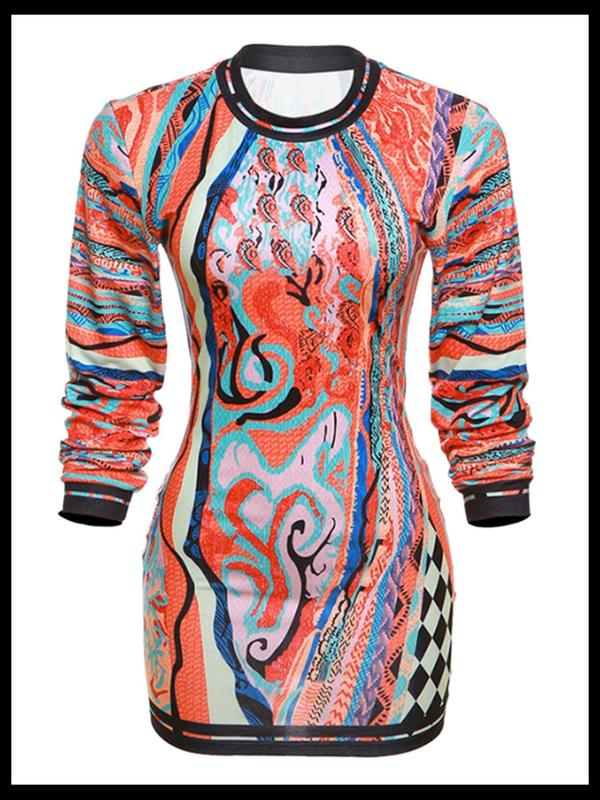 Women's Ethnic Pattern Long Sleeve Dress, Boho Round Neck Short Dress for Fall & Winter, Women's Clothing for Daily Wear