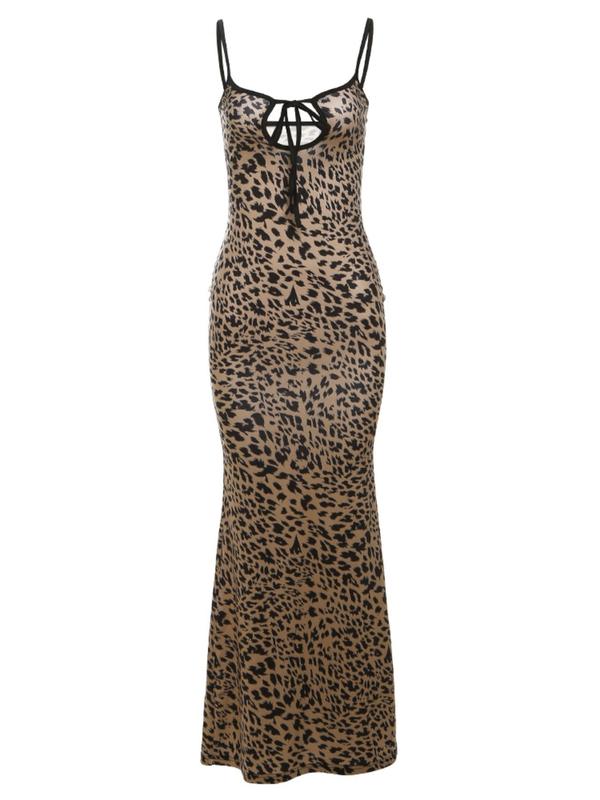 Women's All Over Leopard Print Tie Front Cami Bodycon Dress, Summer Clothes Women, Fashion Backless Spaghetti Strap Long Dress, Women's Clothing