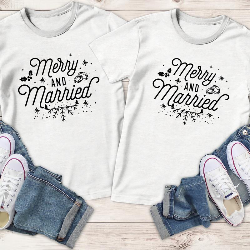 Merry And Married Couples Matching Christmas T-Shirts, Comfort Cotton, Size For All Body, Shirts For Couples, Gift For Husband Wife Casual Comfortable