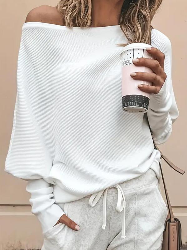 Women's Plain Asymmetrical Hem Boat Neck Batwing Sleeve Sweater, Casual Long Sleeve Jumper, Fall Clothes, Pullover Sweaters Knitwear, Women's Clothing for Daily Wear, Fall Outfits 2024, Clothes Women,  Downtown Girl Clothes