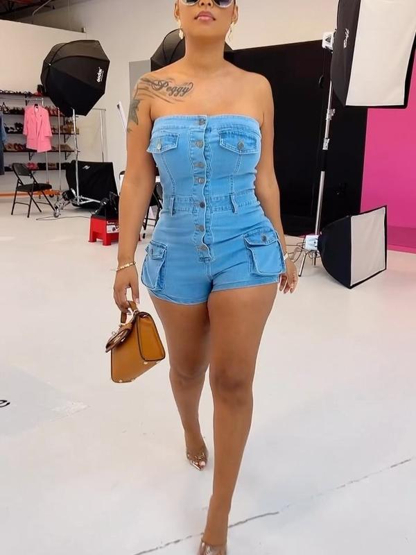 Summer Women Casual Jeans Jumpsuit Off Shoulder Elastic Denim Rompers One Piece Jumpsuit Blue Denim Short Jumpsuit