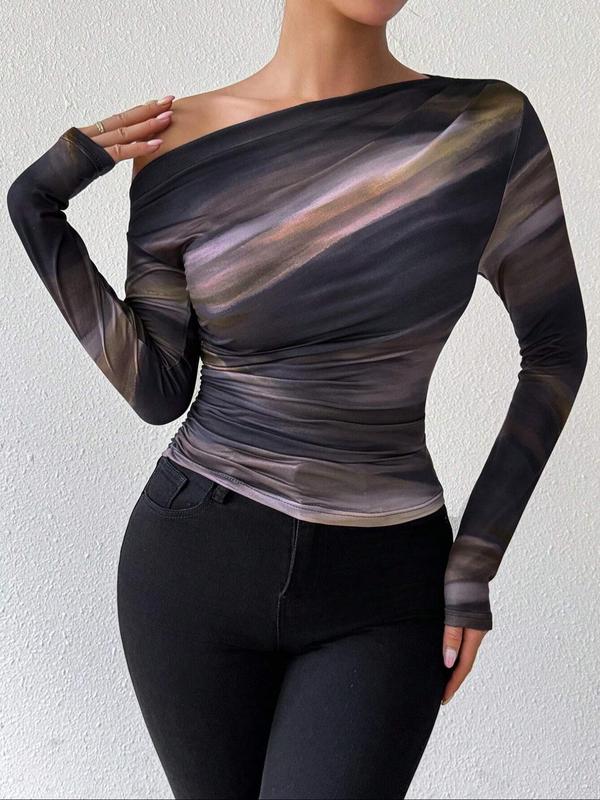 Women's All Over Print Ruched Asymmetrical Neck Tee, Elegant Long Sleeve T-shirt for Spring & Fall, Women's Top for Daily Wear