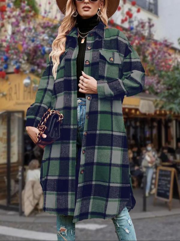 Women's Colorblock Plaid Print Button Front Drop Shoulder Coat, Casual Long Sleeve Collared Pocket Coat for Fall & Winter,  Winter Clothes Women, Women's Clothing for Daily Wear, Fall Clothes Outerwear