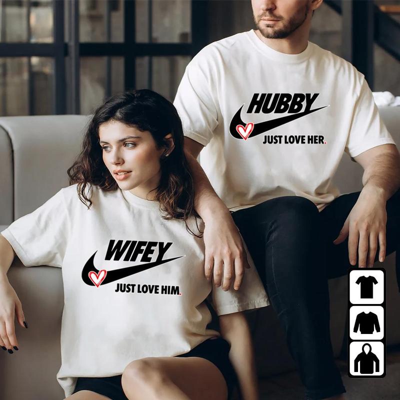 Hubby Wifey Just Love Him Her Funny Christmas Hoodies, Sweatshirt, T-Shirt, Pull Over Matching Love Couples Valentines Matching