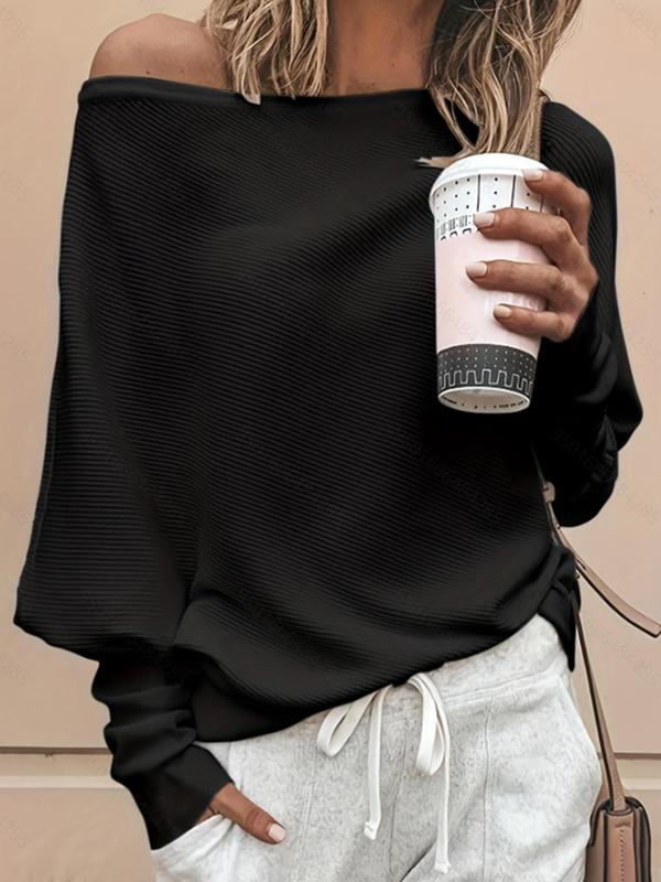 Women's Plain Asymmetrical Hem Boat Neck Batwing Sleeve Sweater, Casual Long Sleeve Jumper, Fall Clothes, Pullover Sweaters Knitwear, Women's Clothing for Daily Wear, Fall Outfits 2024, Clothes Women,  Downtown Girl Clothes