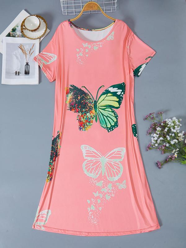  Butterfly Print Round Neck Nightdress, Casual Soft Comfortable Short Sleeve Nightgown for Women, Women's Sleepwear for All Seasons