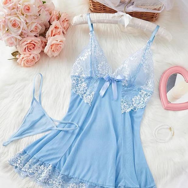 Lace print comfortable pajamas Slim waist sexy lingerie dress Embroidered sexy bow pajamas