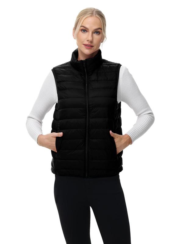 Women's Solid Zip Up Pocket Vest Down Coat, Women's Clothing for Hiking, Climbing, Camping Outdoor Activities, Casual Sleeveless Outerwear for Fall & Winter,