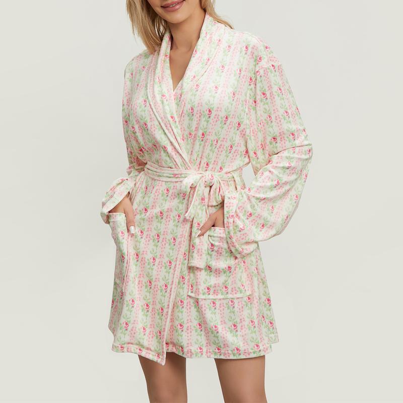 Women Y2k Fruit Robe Fleece Shawl Collar Bathrobe with Belt Cozy Spa Long Robe Open front Nightgown Loungewear