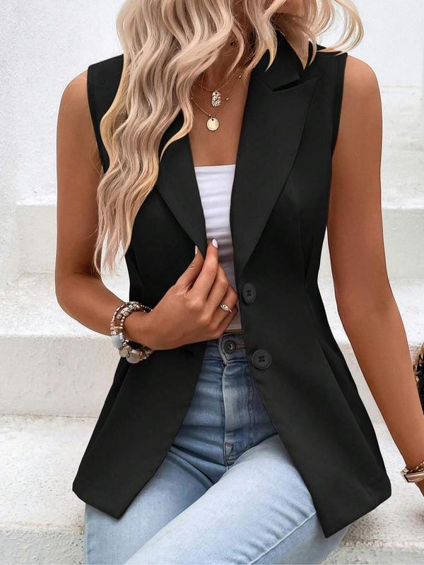 Women's Solid Button Front Plicated Vest Blazer, Elegant Lapel Neck Sleeveless Blazer for Work Office Business, Ladies Clothes for All Seasons