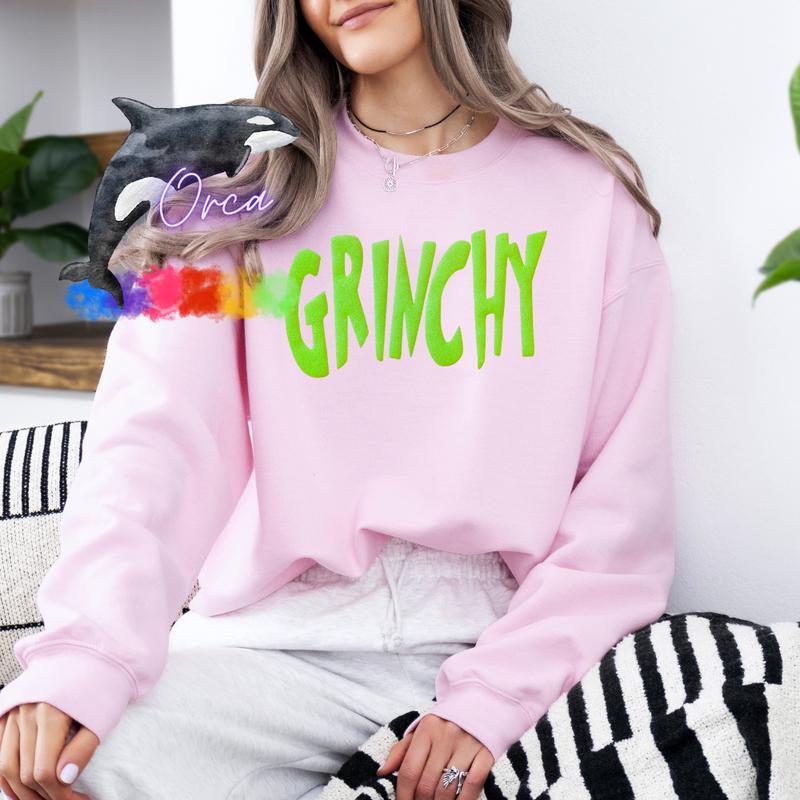 Orca ~ GRINCHY Unisex Sweatshirts with Lime Green Glitter Puff ~ Small - 4XL Christmas Crewneck Casual Womenwear