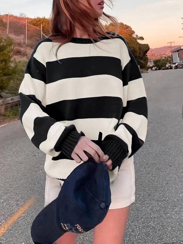 Women's Striped Print Drop Shoulder Sweater, Casual Fall Long Sleeve Round Neck Jumper, Fashion Women's Knitwear for Daily Wear, Utah Girl Fits, Utah Girl Fits, Preppy 80s Clothes