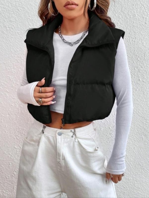 Women's Solid Zip Up High Neck Vest, Casual Sleeveless Thermal Outerwear for Fall & Winter, Ladies Clothes for Daily Wear