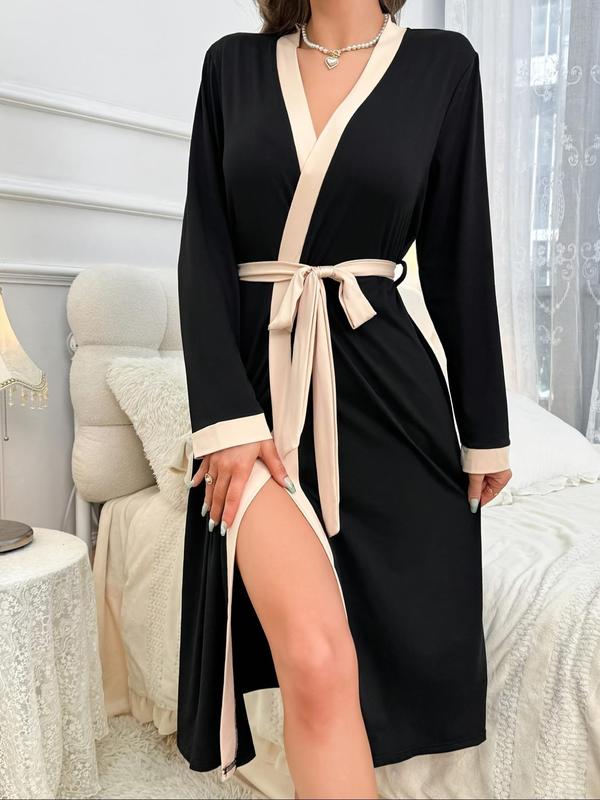 Women's Contrast Trim Letter & Crown Print Belted Sleep Robe, Comfy Casual Long Sleeve Midi PJ Robe, Ladies Sleepwear for Spring & Fall