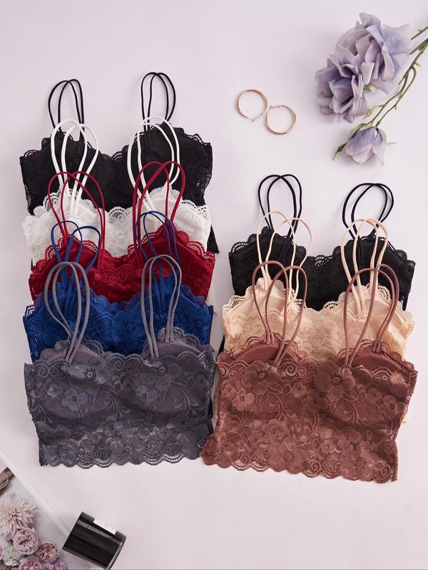 Women's Solid Color Lace Bralette with Removable Chest Pad, Casual Comfy Breathable Double Strap Wireless Push Up Bra, Ladies Lingerie for All Seasons