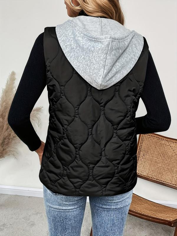 Women's Solid Zip Up Drawstring Hooded Puffer Vest Coat Without Inner Top, Casual Thermal Quilted Sleeveless Outerwear For Fall, Ladies Clothes For Daily Wear