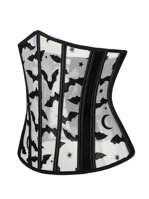 Women's Bat & Galaxy Print Lace Up Sheer Corset Mesh Waist Trainer, High Stretch Grommet Eyelet Waist Cincher Belt, Tummy Control Waist Shaper for Women