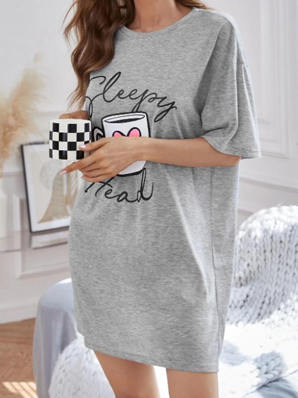 Women's Letter & Cup Print Drop Shoulder PJ Nightdress, Summer Clothes Women, Casual Soft Comfy Round Neck Half Sleeve Nightgown Nighties for Summer, Women's Sleepwear for Indoor Wear