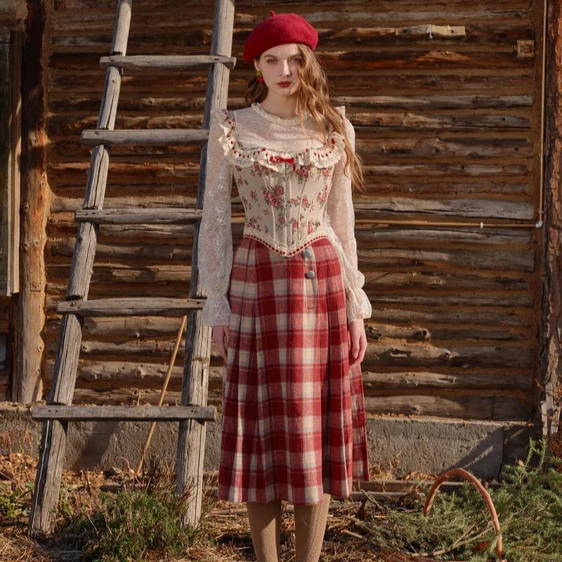 Rosey Christmas Cottage Skirt - 2024 Summer French Vintage Scottish Plaid A-Line Pleated Long Skirt