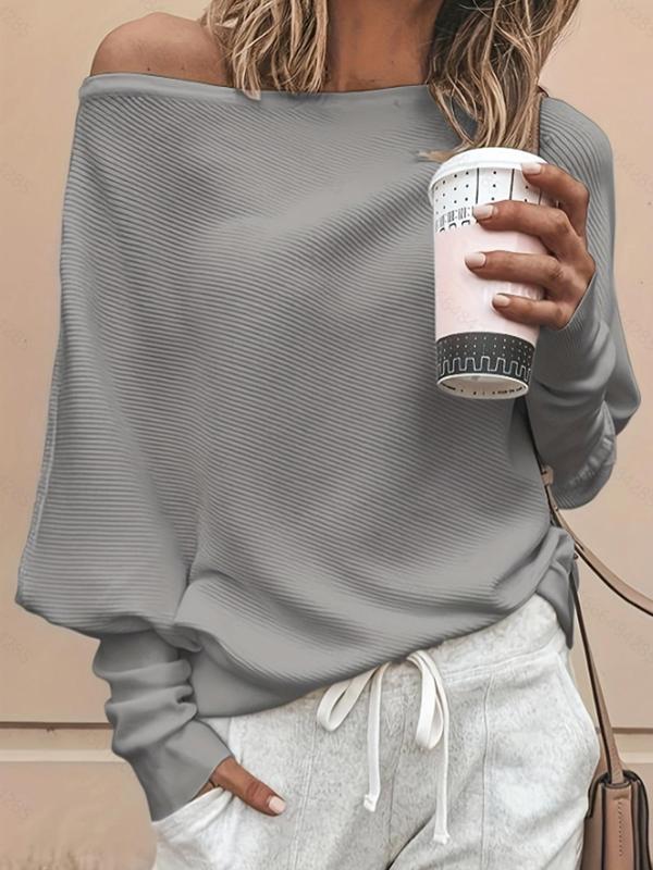 Women's Plain Asymmetrical Hem Boat Neck Batwing Sleeve Sweater, Casual Long Sleeve Jumper, Fall Clothes, Pullover Sweaters Knitwear, Women's Clothing for Daily Wear, Fall Outfits 2024, Clothes Women,  Downtown Girl Clothes