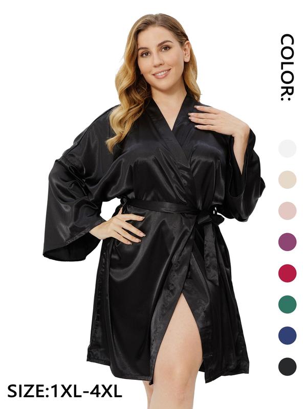 Plus Size Solid Belted Wrap Drop Shoulder Satin Robe, Casual Long Sleeve V Neck Dressing Gown for Daily Home Wear, Women's Sleepwear for All Seasons