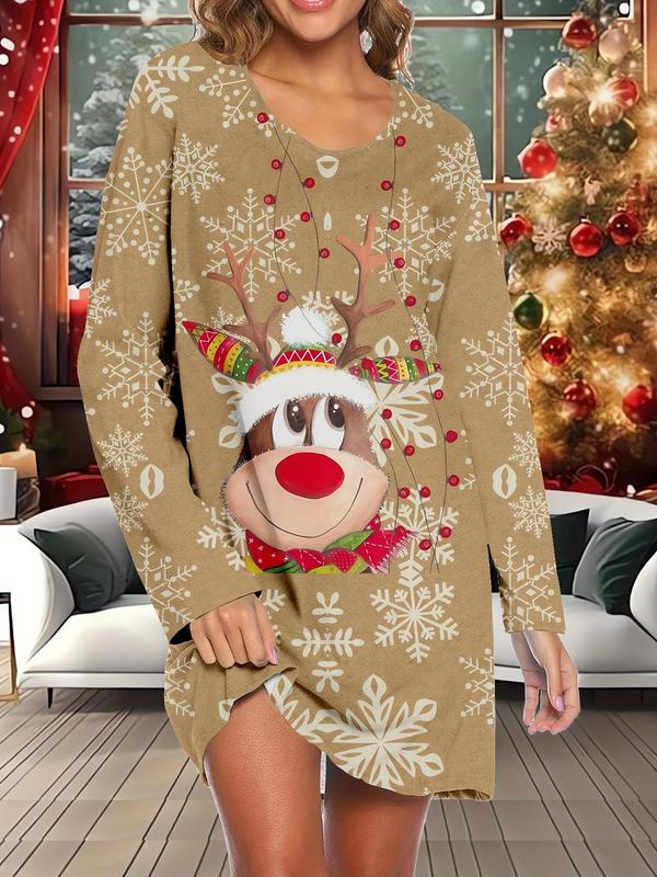 Women's Christmas Themed Snowflake Elk Print Round Neck Nightdress, Casual Long Sleeve Crew Neck Nightgown for Fall & Winter, Lady's Sleepwear for Indoor Wear