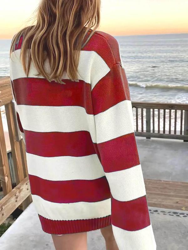 Women's Striped Print Drop Shoulder Sweater, Casual Fall Long Sleeve Round Neck Jumper, Fashion Women's Knitwear for Daily Wear, Utah Girl Fits, Utah Girl Fits, Preppy 80s Clothes