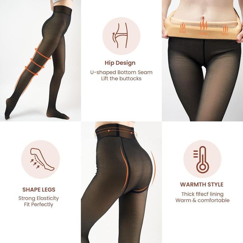 One-lined Seam  Fleece Lined Tights Women,Sheer Fake Translucent Winter Thermal Pantyhose Opaque Warm Thick High Waist Leggings