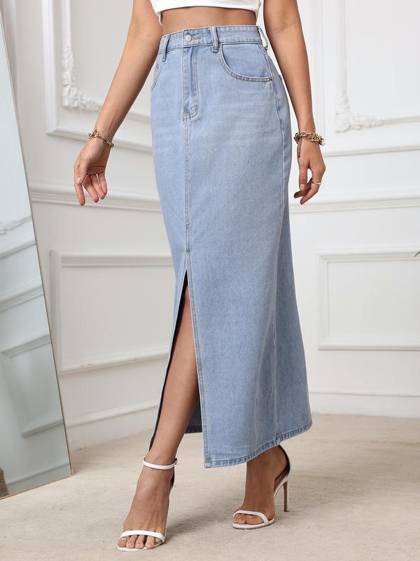 Women's Split Front Long Denim Skirt, Fashion Casual Pocket Button Fly Jean Skirt for Daily Outdoor Wear, Ladies Bottoms for All Seasons