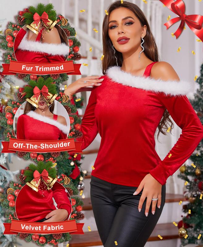 VIDUSSA Christmas Cold Shoulder Tops - Womens Santa Velvet Long Sleeve Off The Shoulder Fur Trim Sweater Tops Shirts Womenswear Blouse Underwear Comfort Longsleeves Winter