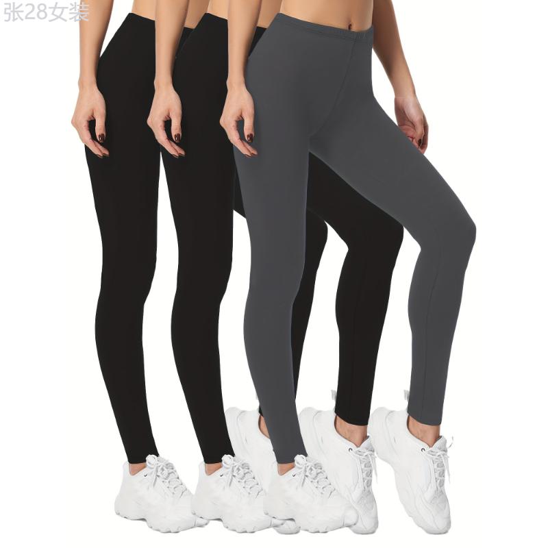 3 Pack Solid Skinny Leggings, Elastic Waist Casual Stretchy Women's Clothing Fabric Spandex