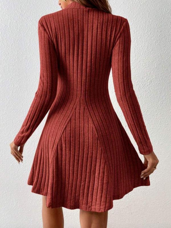 Women's Plain Pleated Mock Neck A Line Dress, Casual Long Sleeve Ribbed Dress for Fall & Winter, Women's Clothing for Daily Wear