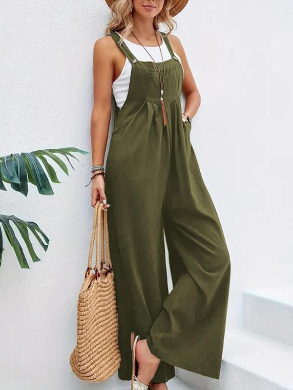 Women's Plicated Button Wide Leg Overalls Jumpsuit without Tank Top, Casual Pocket Square Neck Sleeveless Overalls Jumpsuit, Women's Jumpsuit