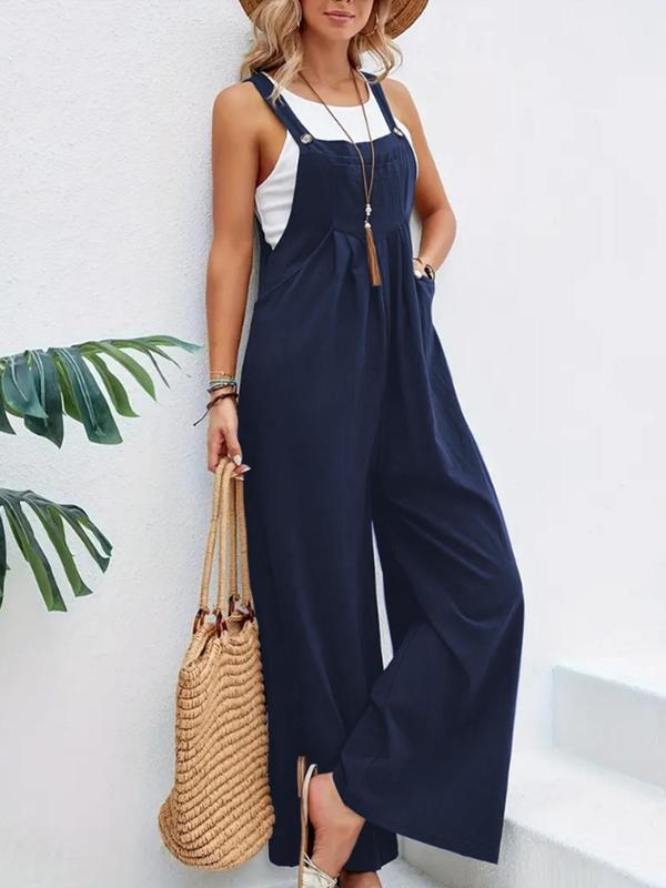 Women's Plicated Button Wide Leg Overalls Jumpsuit without Tank Top, Casual Pocket Square Neck Sleeveless Overalls Jumpsuit, Women's Jumpsuit