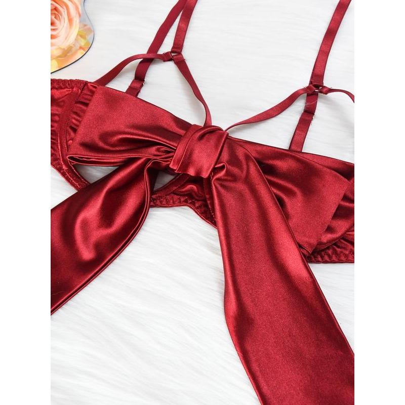 Women's Sexy Silk Bow Front Push Up Bra Lingerie Set,Comfortable Underwear, girls conquet te outfit Nightdress Red  Black lingerieset Womenswear Lady sexy Sleepwear Elegance Feminine Basic Minimalist Nightgown Elegant Nightwear Spaghetti Strap