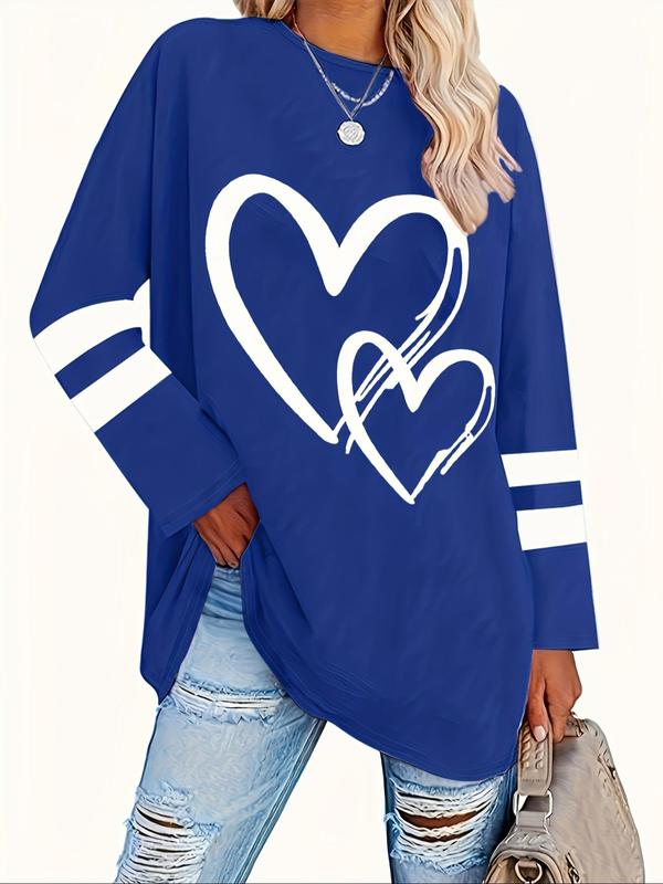  Heart & Striped Print Long Sleeve Tee, Graphic Tees, Casual Round Neck T-shirt for Spring & Fall, Women's Clothing for Daily Wear