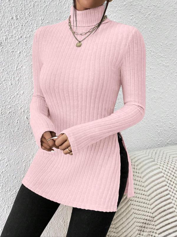 Women's Plain Split Hem High Neck Ribbed Tee, Elegant Fashion Casual Long Sleeve T-shirt for Daily Outdoor Wear, Women Clothing for All Seasons