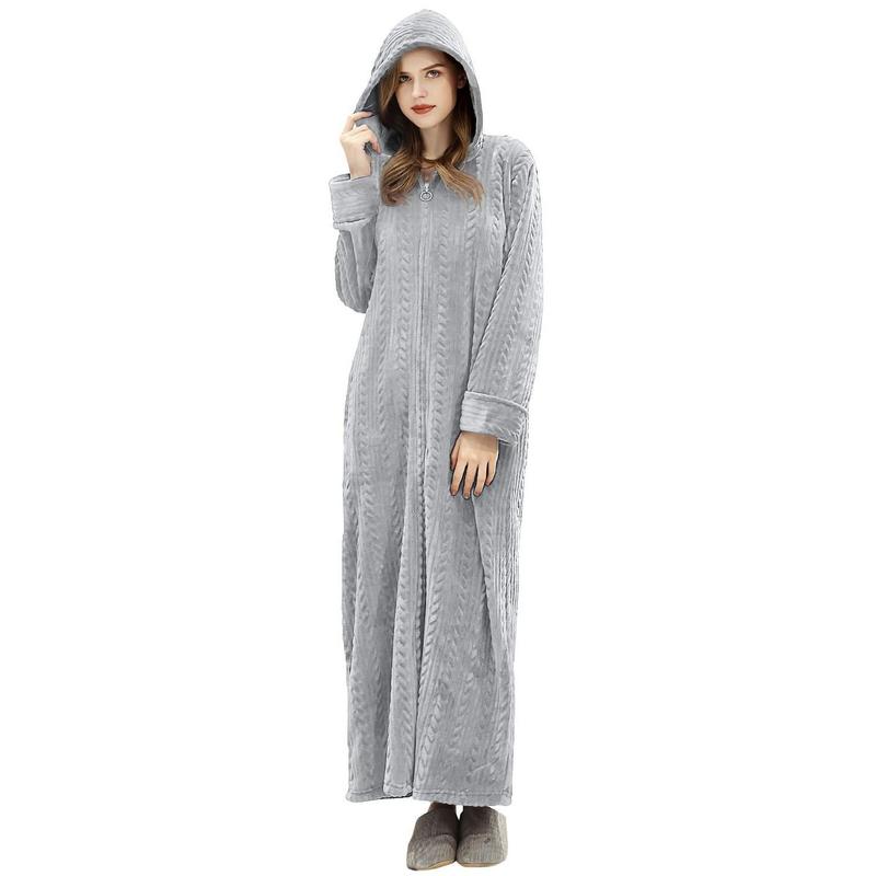 Robes for Women, Womens Hooded Plush Robe Zip up Front Long Fleece Bathobe for Women with Pocket, House Coat Moomoo Nightgowns Loungewear Sleepwear for Elderly Women Gift