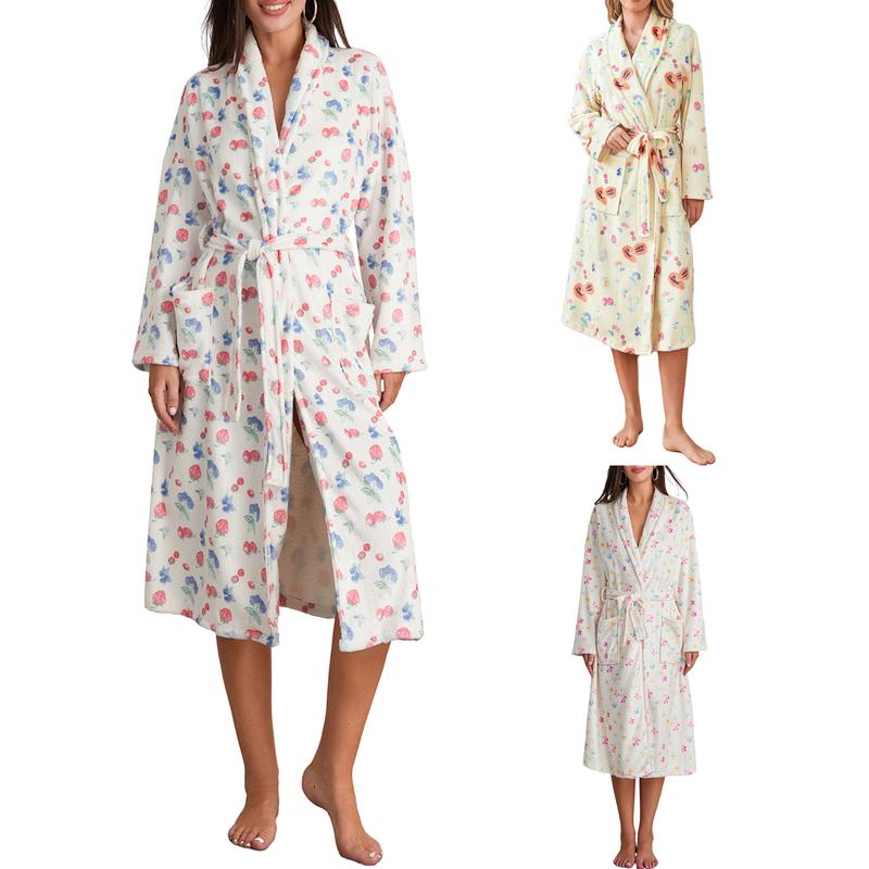 Women Dressing Gown Flannel Robe Floral Fruit Print Cozy Plush Shawl Collar Y2k Fuzzy Fleece Bathrobe Warm Robe Hotel Spa Party Kimono Robe with Belt Nightgown Cute Flannel Robes