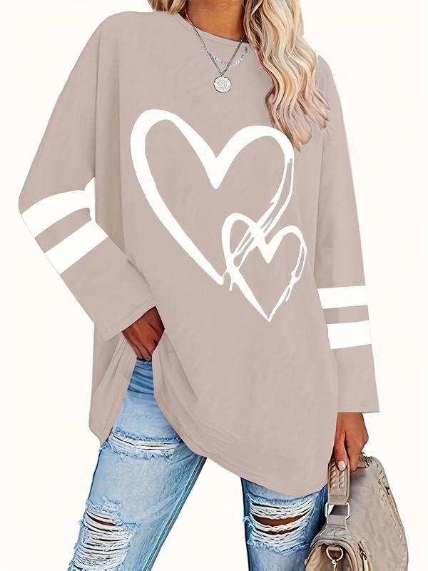  Heart & Striped Print Long Sleeve Tee, Graphic Tees, Casual Round Neck T-shirt for Spring & Fall, Women's Clothing for Daily Wear