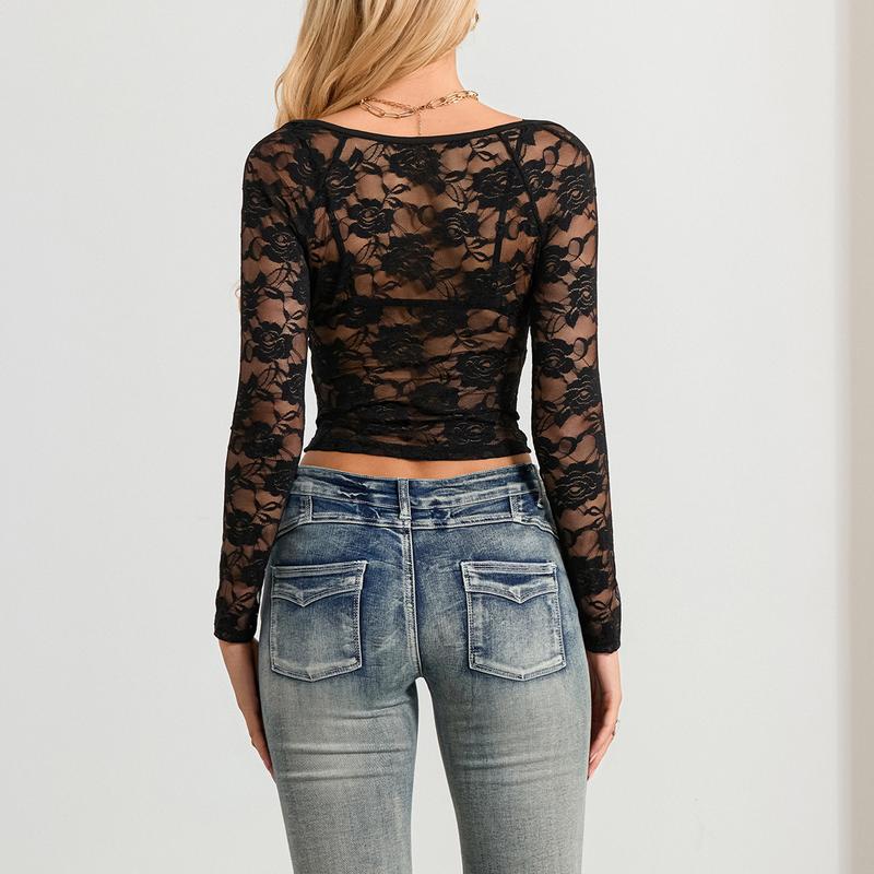 BlackFriday Women Floral Lace Tops Low Cut Sheer Long Sleeve Pullovers Fitted Crop Shirt with Bra Summer Streetwear Clubwear sheer lace Polyester Womenswear Fashion Outdoor Blouse Cropped