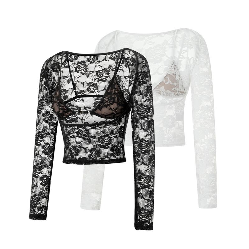 BlackFriday Women Floral Lace Tops Low Cut Sheer Long Sleeve Pullovers Fitted Crop Shirt with Bra Summer Streetwear Clubwear sheer lace Polyester Womenswear Fashion Outdoor Blouse Cropped