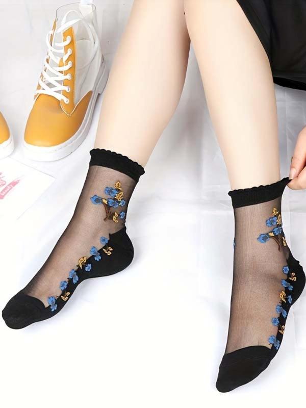 Women's 5 Pairs Floral Pattern Sheer Contrast Mesh Frill Crew Socks, Summer Wear 2024, Comfy Breathable Mid-calf Socks for Daily Wear, Women's Socks for Spring & Fall